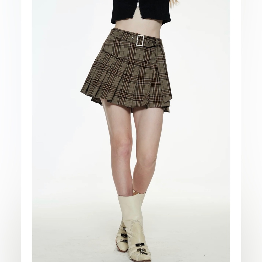 PROD Brown Plaid Mini Belted Skirt